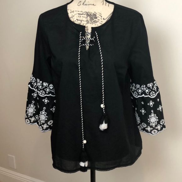 a.n.a Tops - A.N.A. Boho Black Embroidered Tassel Tie Blouse Size Petite Medium